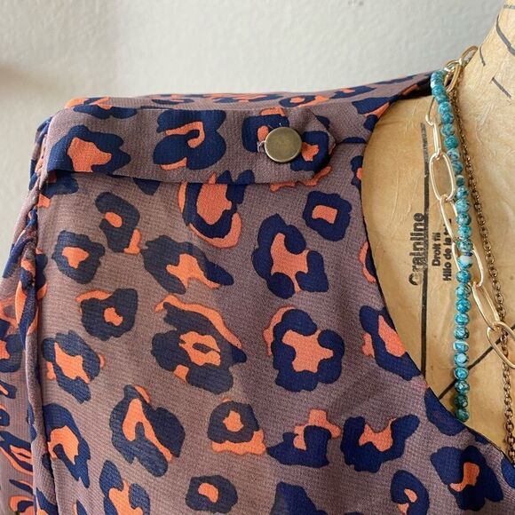Blue Rain Francescas Orange Blue Brown Leopard Print Sheer Blouse sz S Career - Picture 9 of 9